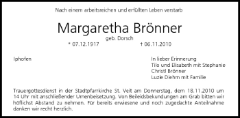 Anzeige von Margaretha Brönner von MGO