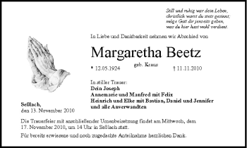 Anzeige von Margaretha Beetz von MGO