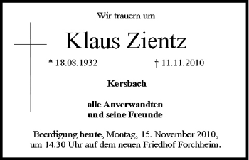 Anzeige von Klaus Zientz von MGO