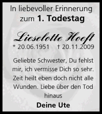 Anzeige von Lieselotte Hoeft von MGO