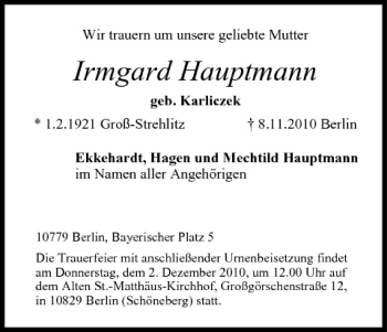 Anzeige von Irmgard Hauptmann von MGO