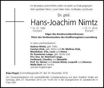 Anzeige von Hans-Joachim Nimtz von MGO