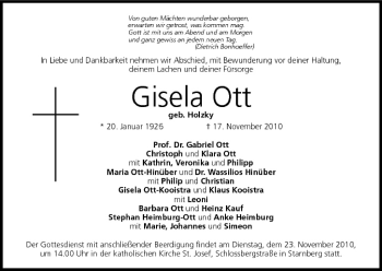Anzeige von Gisela Ott von MGO