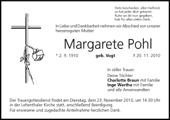 Anzeige von Margarete Pohl von MGO