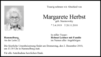 Anzeige von Margarete Herbst von MGO