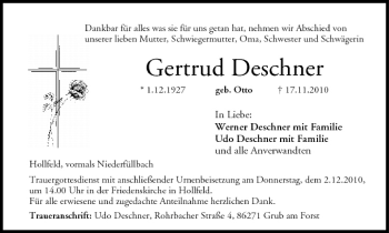 Anzeige von Gertrud Deschner von MGO