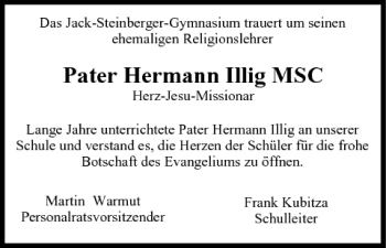 Anzeige von Pater Hermann Illig von MGO