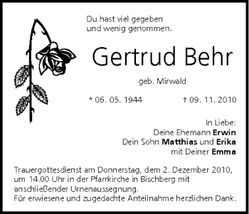 Anzeige von Gertrud Behr von MGO