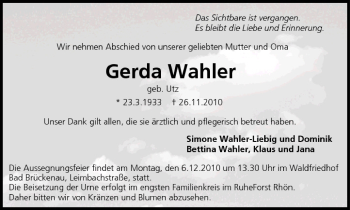 Anzeige von Gerda Wahler von MGO