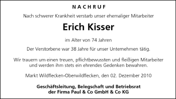 Anzeige von Erich Kisser von MGO