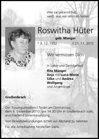 Anzeige von Roswitha Hüter von MGO