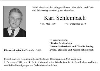 Anzeige von Karl Schlembach von MGO
