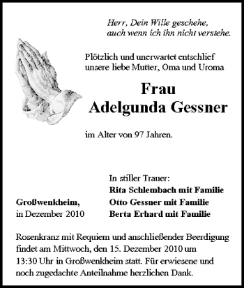 Anzeige von Adelgunda Gessner von MGO