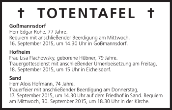Anzeige von Totentafel vom 16.09.2015 von MGO