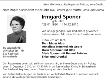 Anzeige von Irmgard Sponer von MGO
