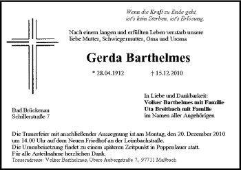Anzeige von Gerda Barthelmes von MGO