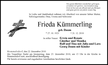 Anzeige von Frieda Kümmerling von MGO