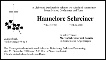 Anzeige von Hannelore Schreiner von MGO