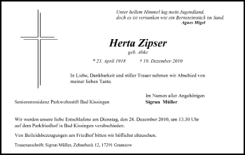 Anzeige von Herta Zipser von MGO