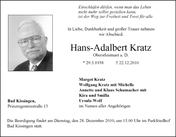 Anzeige von Hans-Adalbert Kratz von MGO