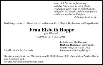 Anzeige von Elsbeth Hoppe von MGO