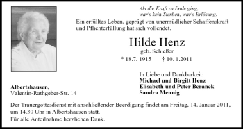 Anzeige von Hilde Henz von MGO