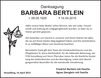 Anzeige von Barbara Bertlein von MGO