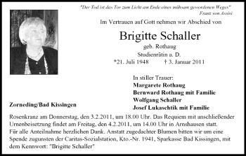 Anzeige von Brigitte Schaller von MGO