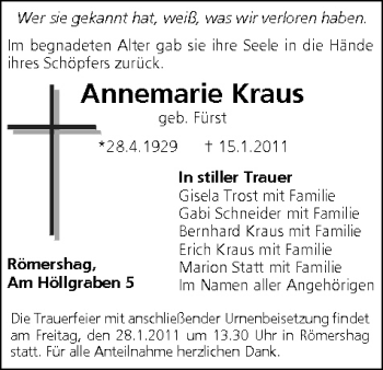 Anzeige von Annemarie Kraus von MGO