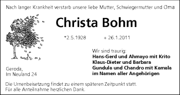 Anzeige von Christa Bohm von MGO