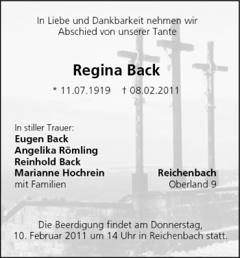 Anzeige von Regina Back von MGO