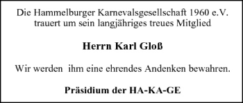 Anzeige von Karl Gloß von MGO