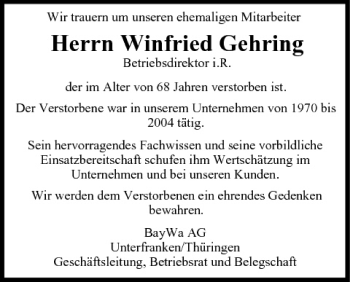 Anzeige von Winfried Gehring von MGO