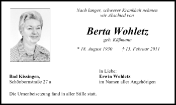 Anzeige von Berta Wohletz von MGO