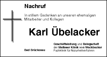 Anzeige von Karl Übelacker von MGO