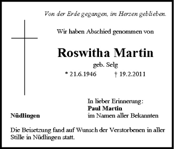 Anzeige von Roswitha Martin von MGO