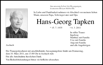 Anzeige von Hans-Georg Tapken von MGO