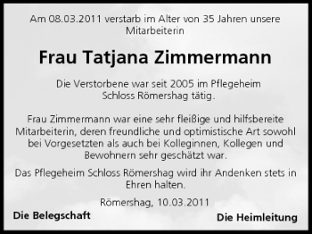 Anzeige von Tatjana Zimmermann von MGO