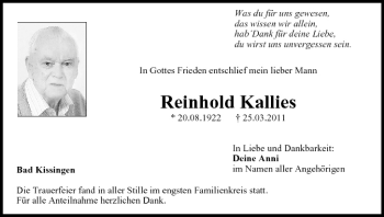 Anzeige von Reinhold Kallies von MGO