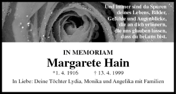 Anzeige von Margarete Hain von MGO