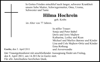 Anzeige von Hilma Hochrein von MGO