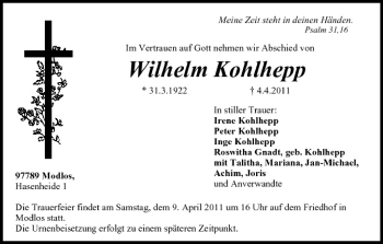 Anzeige von Wilhelm Kohlhepp von MGO