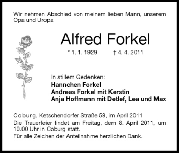 Anzeige von Alfred Forkel von MGO