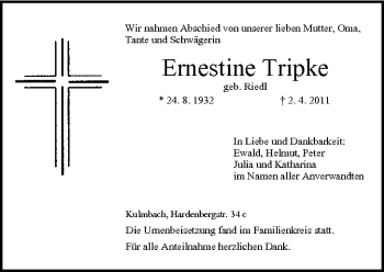 Anzeige von Ernestine Tripke von MGO
