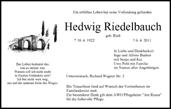 Anzeige von Hedwig Riedelbauch von MGO