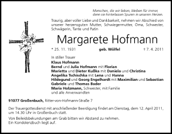 Anzeige von Margarete Hofmann von MGO