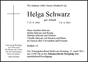 Anzeige von Helga Schwarz von MGO