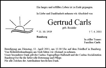 Anzeige von Gertrud Carls von MGO
