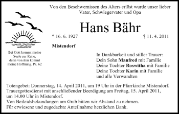 Anzeige von Hans Bähr von MGO
