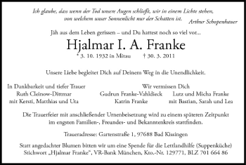 Anzeige von Hjalmar I. A. Franke von MGO